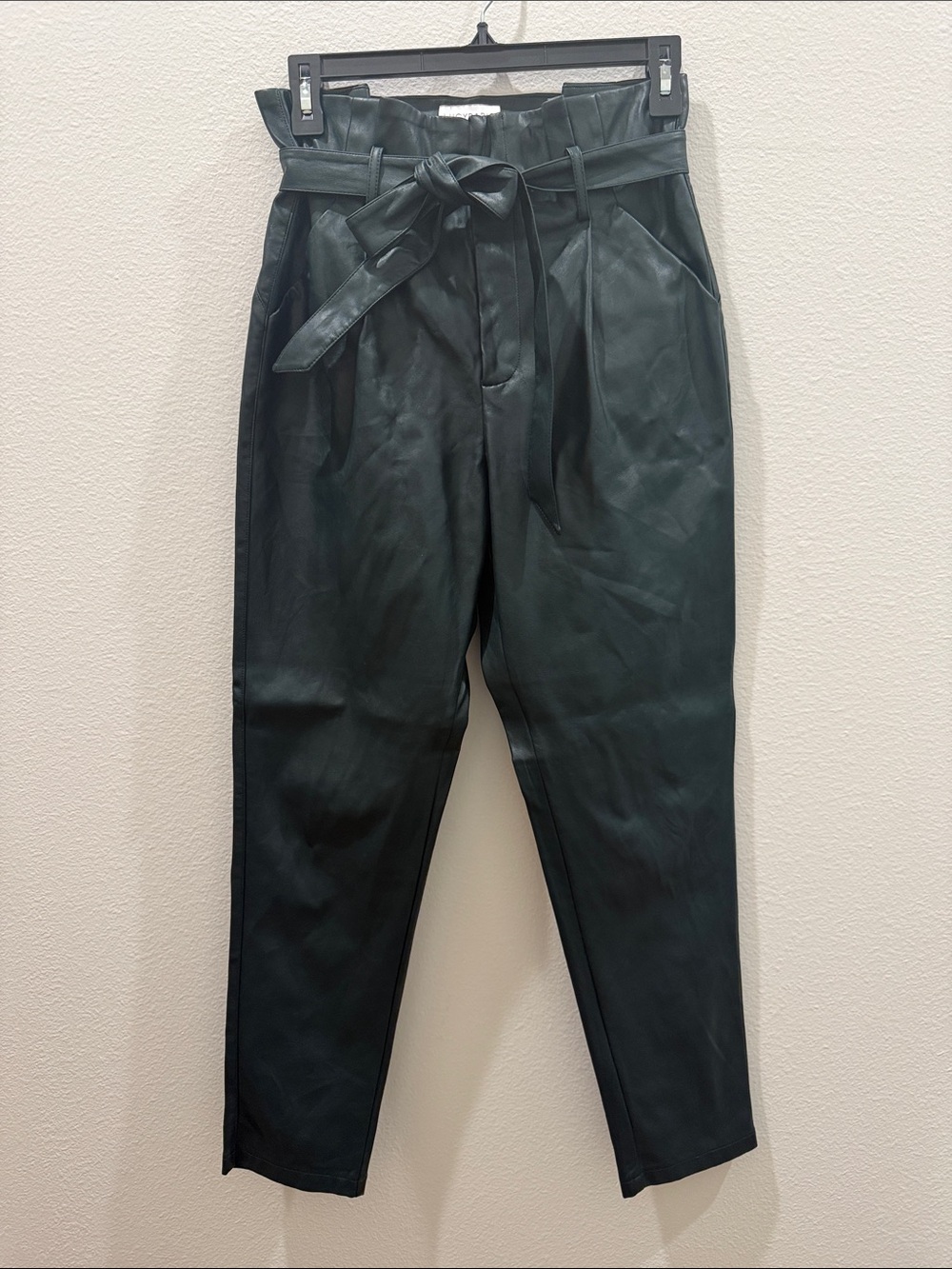 Lucy Paris High-Rise Faux Leather Paperbag Pants in Dark Green